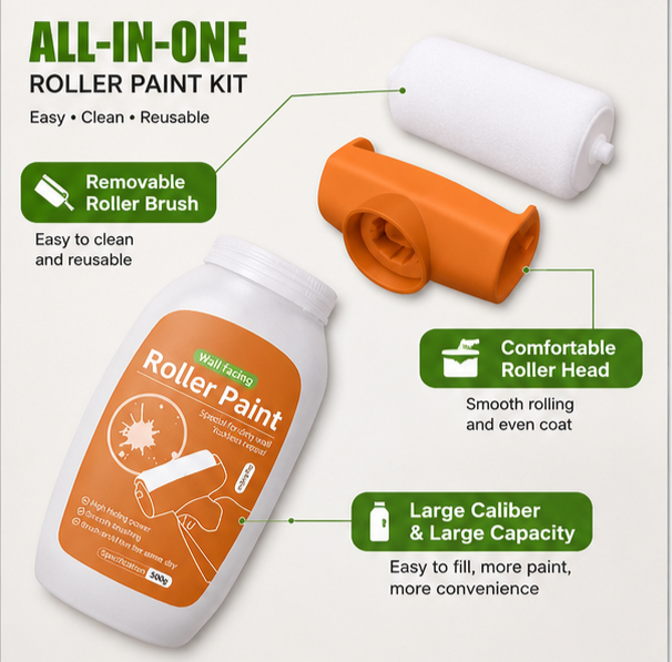 Wall Repair Paint Roller | 2-in-1 Crack Filler & White Paint Roller for Wall Repair, Stain Covering & DIY Home Improvement – 500g