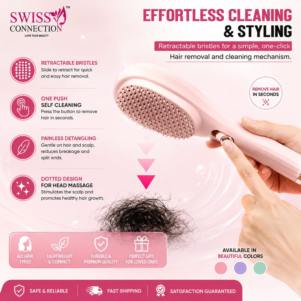 Swiss Connection Self-Cleaning Hair Brush with Built-In Scalp Massager | Detangling & Anti-Frizz Brush for All Hair Types