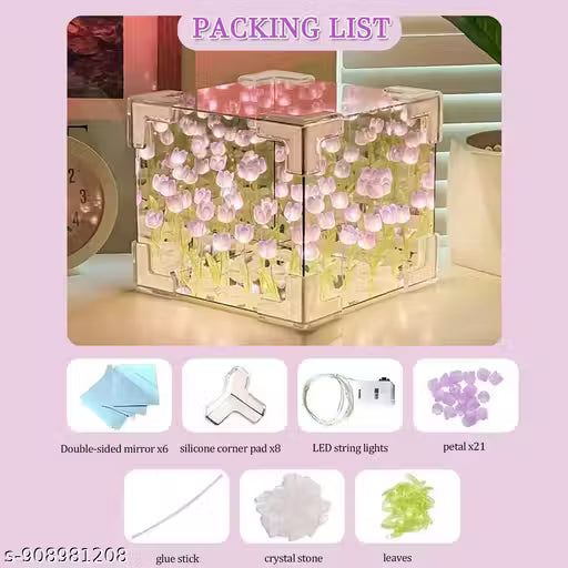 Tulip Cube Mirror Lamp, 21 Flowers LED Decorative Lamp, 2 in 1 Mirror & Table Ornaments for Bedroom Livingroom Desktop Decor Birthday Gift (Square)