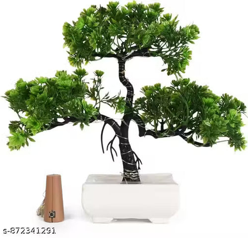 Artificial Bonsai Tree Plant & Flowers with LED Light for Home Decor | Small Size Plastic Pot (24 cm, Green) | Indoor Room Decoration for Living Room, Bedroom & Dining Table | Fake Plant for Giftings