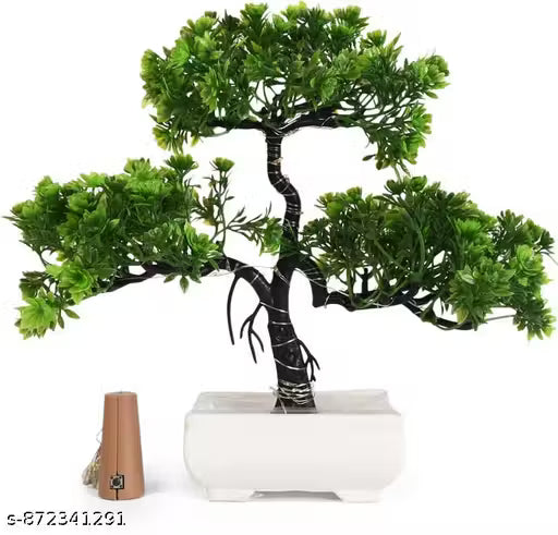 Artificial Bonsai Tree Plant & Flowers with LED Light for Home Decor | Small Size Plastic Pot (24 cm, Green) | Indoor Room Decoration for Living Room, Bedroom & Dining Table | Fake Plant for Giftings
