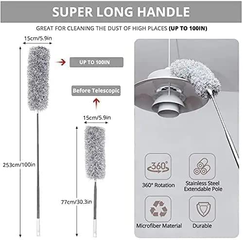 Microfiber Feather Duster Bendable & Extendable Fan Cleaning Duster with 100 inches Expandable Pole Handle Washable Duster for High Ceiling Fans, Window Blinds, Furniture (Grey)