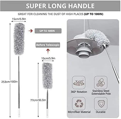 Microfiber Feather Duster Bendable & Extendable Fan Cleaning Duster with 100 inches Expandable Pole Handle Washable Duster for High Ceiling Fans, Window Blinds, Furniture (Grey)