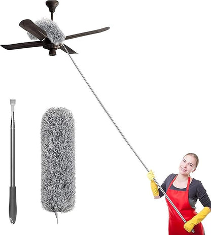 Microfiber Feather Duster Bendable & Extendable Fan Cleaning Duster with 100 inches Expandable Pole Handle Washable Duster for High Ceiling Fans, Window Blinds, Furniture (Grey)