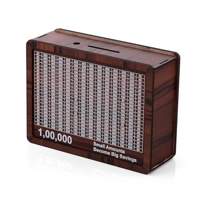 1 Lakh Wooden Money Bank for Kids/Piggy Bank, Money Box, Coin Box with Carved Design for Kids/Children, Savings Challenge