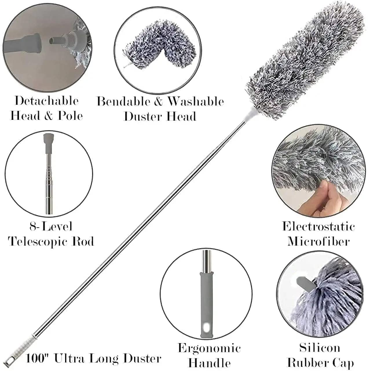 Microfiber Feather Duster Bendable & Extendable Fan Cleaning Duster with 100 inches Expandable Pole Handle Washable Duster for High Ceiling Fans, Window Blinds, Furniture (Grey)