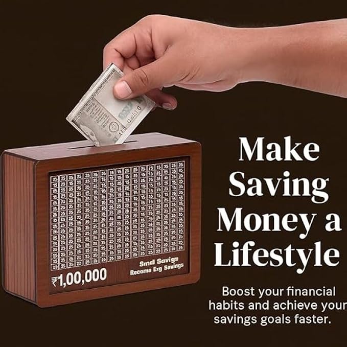 1 Lakh Wooden Money Bank for Kids/Piggy Bank, Money Box, Coin Box with Carved Design for Kids/Children, Savings Challenge