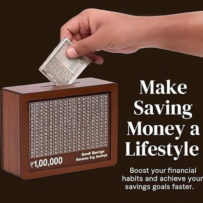 1 Lakh Wooden Money Bank for Kids/Piggy Bank, Money Box, Coin Box with Carved Design for Kids/Children, Savings Challenge