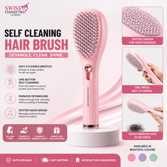 Swiss Connection Self-Cleaning Hair Brush with Built-In Scalp Massager | Detangling & Anti-Frizz Brush for All Hair Types