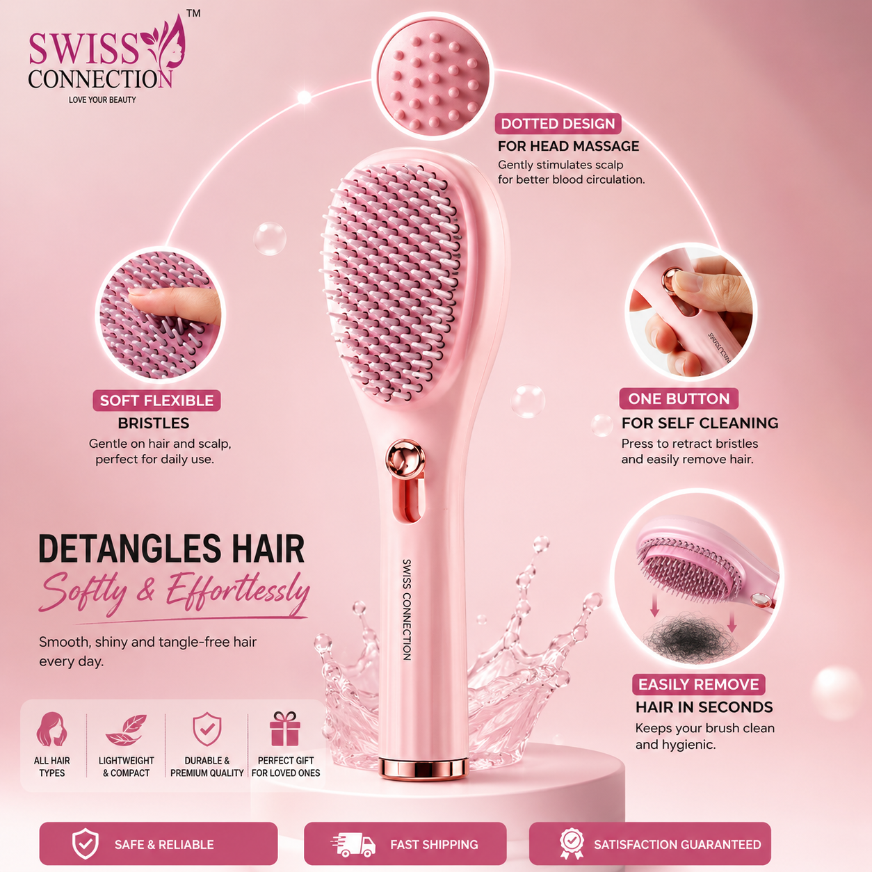 Swiss Connection Self-Cleaning Hair Brush with Built-In Scalp Massager | Detangling & Anti-Frizz Brush for All Hair Types