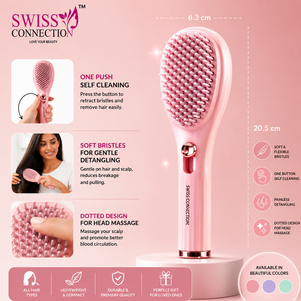 Swiss Connection Self-Cleaning Hair Brush with Built-In Scalp Massager | Detangling & Anti-Frizz Brush for All Hair Types