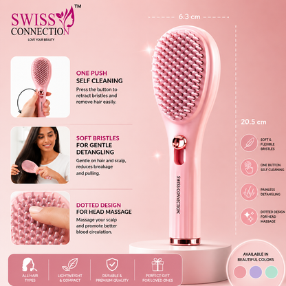 Swiss Connection Self-Cleaning Hair Brush with Built-In Scalp Massager | Detangling & Anti-Frizz Brush for All Hair Types