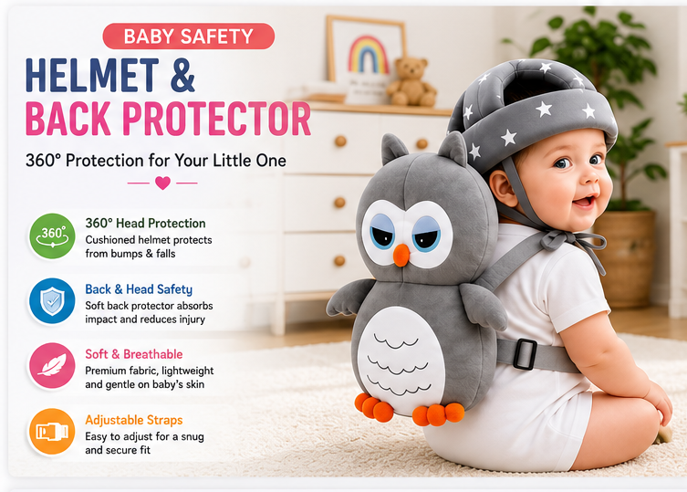 Baby Safety Helmet & Back Protector Combo | Anti-Fall Head Protection Backpack for Crawling & Walking Babies (6–18 Months)