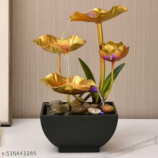 PARSHOP Metal Tabletop Water Fountain - Ornaments with Waterfall Desktop Fountains, Deep Basin and Natural River Rocks, Indoor Zen Relaxation for Office, Bedroom Decor Item (Golden, 1 PCS)