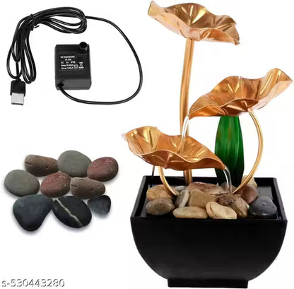 PARSHOP Metal Tabletop Water Fountain - Ornaments with Waterfall Desktop Fountains, Deep Basin and Natural River Rocks, Indoor Zen Relaxation for Office, Bedroom Decor Item (Golden, 1 PCS)