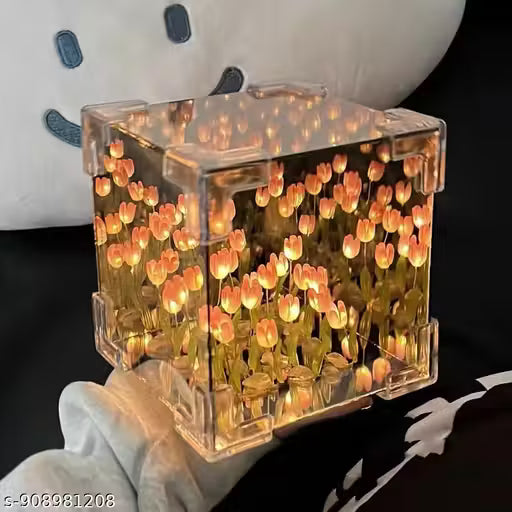 Tulip Cube Mirror Lamp, 21 Flowers LED Decorative Lamp, 2 in 1 Mirror & Table Ornaments for Bedroom Livingroom Desktop Decor Birthday Gift (Square)