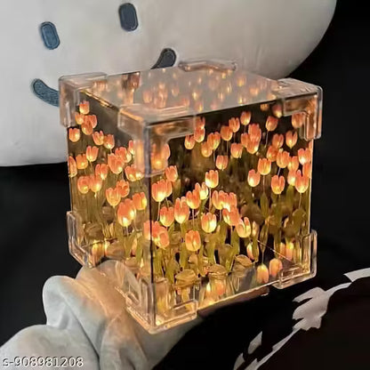 Tulip Cube Mirror Lamp, 21 Flowers LED Decorative Lamp, 2 in 1 Mirror & Table Ornaments for Bedroom Livingroom Desktop Decor Birthday Gift (Square)