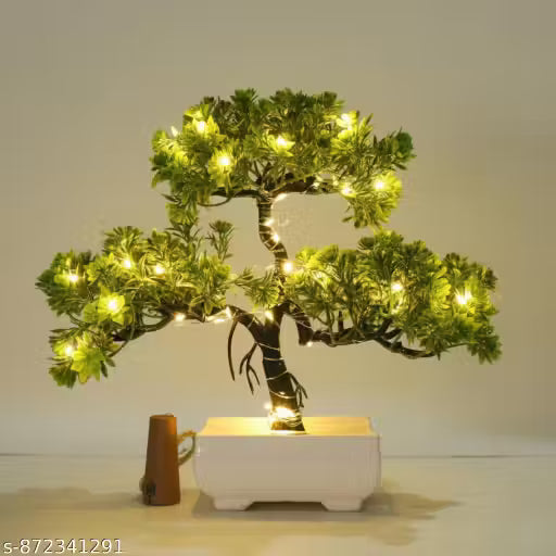 Artificial Bonsai Tree Plant & Flowers with LED Light for Home Decor | Small Size Plastic Pot (24 cm, Green) | Indoor Room Decoration for Living Room, Bedroom & Dining Table | Fake Plant for Giftings